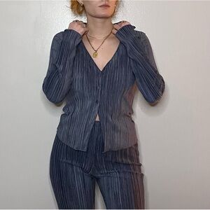 Blue Long Sleeved Button Up Top - Matching Pants